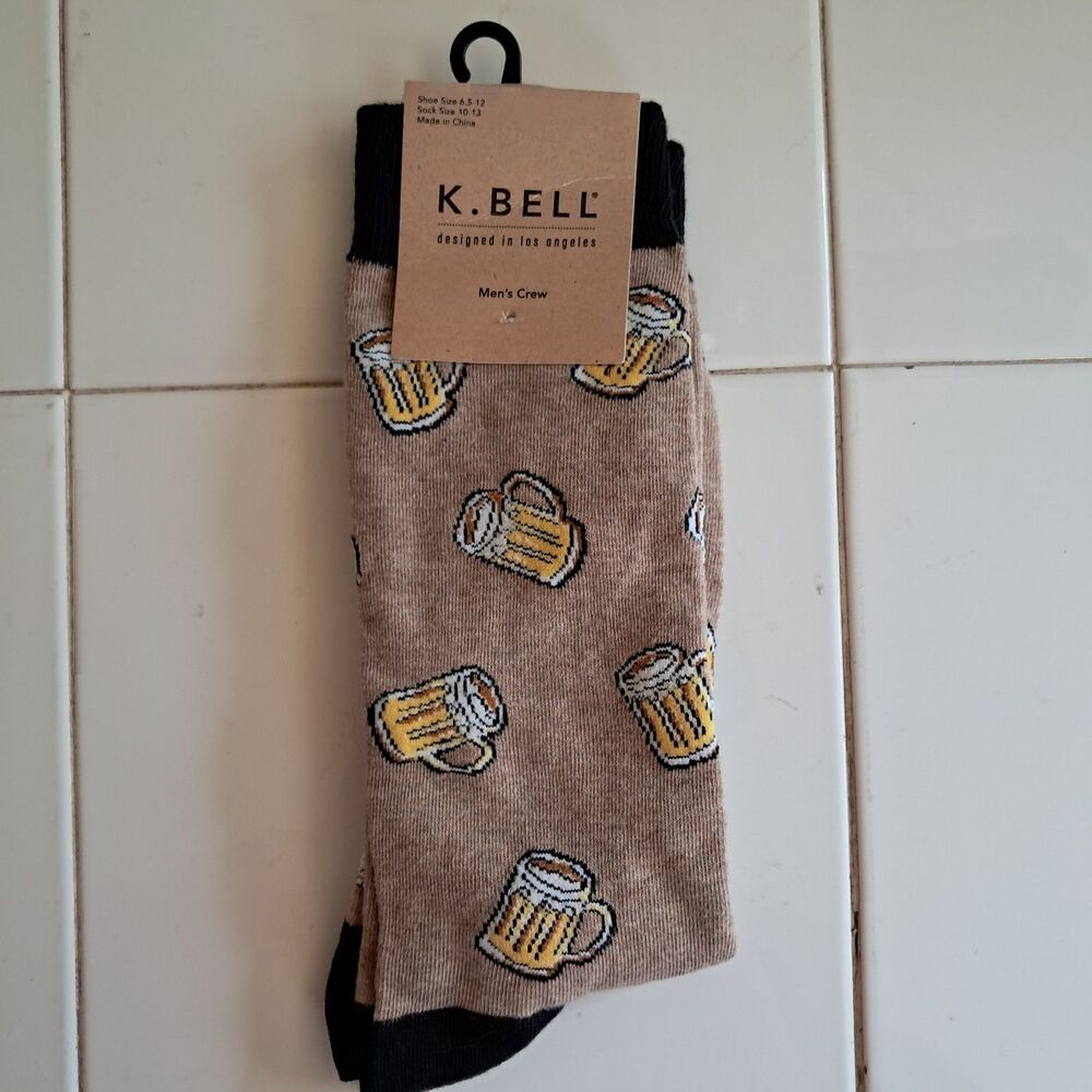 K Bell Men's Crew Beer Mug Socks NWT Tanshoe Size 6.5-12